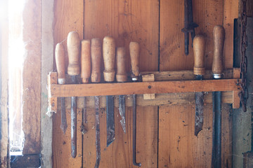 woodworking tools of ancient carpentry - old workshop with carpentry equipment