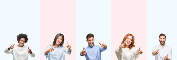 Collage of group of young people over colorful isolated background approving doing positive gesture with hand, thumbs up smiling and happy for success. Looking at the camera, winner gesture.