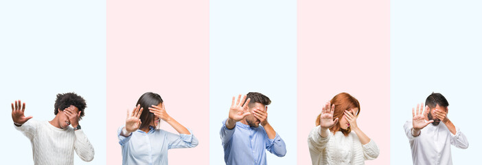 Obraz premium Collage of group of young people over colorful isolated background covering eyes with hands and doing stop gesture with sad and fear expression. Embarrassed and negative concept.