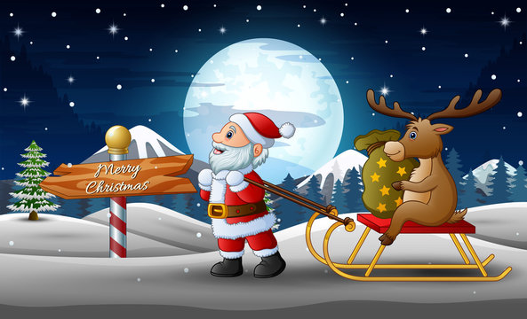 Cartoon funny santa claus pulling a sleigh with a deer with sack of presents