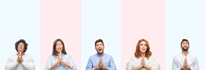 Collage of group of young people over colorful isolated background begging and praying with hands together with hope expression on face very emotional and worried. Asking for forgiveness