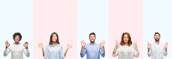 Collage of group of young people over colorful isolated background relax and smiling with eyes closed doing meditation gesture with fingers. Yoga concept.