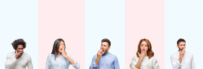 Collage of group of young people over colorful isolated background bored yawning tired covering mouth with hand. Restless and sleepiness.