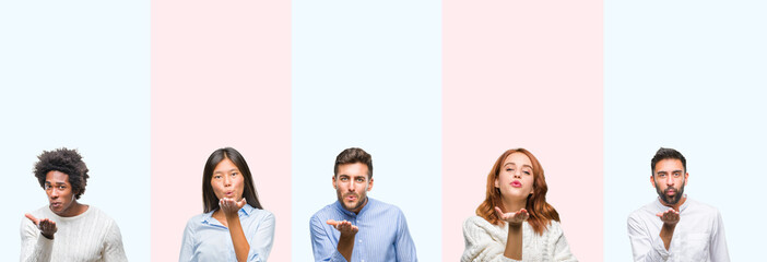 Collage of group of young people over colorful isolated background looking at the camera blowing a kiss with hand on air being lovely and sexy. Love expression.