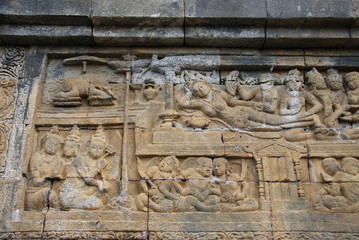 Relief or carvings on the wall of Borobudur Temple in Jogjakarta, Indonesia