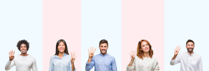 Collage of group of young people over colorful isolated background showing and pointing up with...