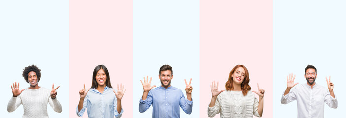 Collage of group of young people over colorful isolated background showing and pointing up with fingers number seven while smiling confident and happy.