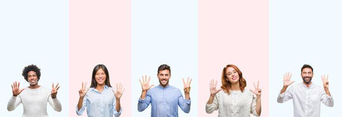 Collage of group of young people over colorful isolated background showing and pointing up with fingers number eight while smiling confident and happy.