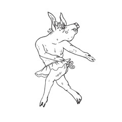 Piggy girl in skirt dancing ballet, hand drawn doodle, sketch, vector outline illustration