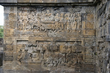 Relief or carvings on the wall of Borobudur Temple in Jogjakarta, Indonesia