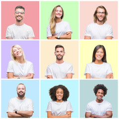 Collage of group people, women and men over colorful isolated background happy face smiling with crossed arms looking at the camera. Positive person.