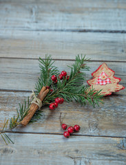 Wooden rustic background with  christmas toys and decorations