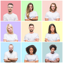 Fototapeta na wymiar Collage of group people, women and men over colorful isolated background skeptic and nervous, disapproving expression on face with crossed arms. Negative person.