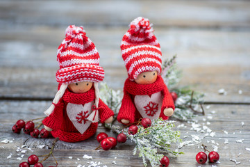 Wooden rustic background with  christmas toys and decorations