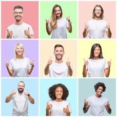 Collage of group people, women and men over colorful isolated background success sign doing...