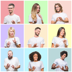 Fototapeta na wymiar Collage of group people, women and men over colorful isolated background disgusted expression, displeased and fearful doing disgust face because aversion reaction. With hands raised. Annoying concept.