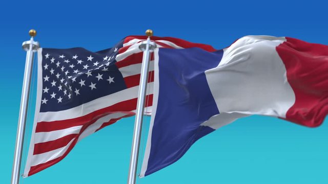 4k Seamless United States of America And France Flags with blue sky background,A fully digital rendering,The flag 3D animation loops at 20 seconds,USA FRA.