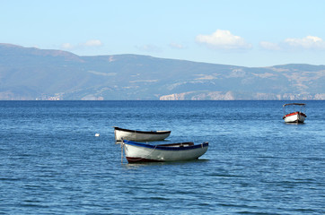 Fototapeta na wymiar small fishing boats on Lake Ohrid landscape