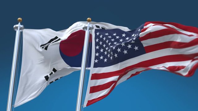 4k Seamless United States of America And South Korea Flags with blue sky background,A fully digital rendering,The flag 3D animation loops at 20 seconds,USA KOR.