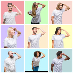 Collage of group people, women and men over colorful isolated background very happy and smiling looking far away with hand over head. Searching concept.