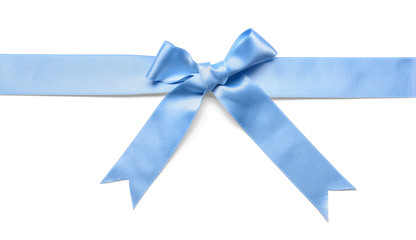 Blue ribbon with bow on white background