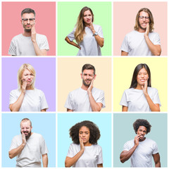 Collage of group people, women and men over colorful isolated background touching mouth with hand with painful expression because of toothache or dental illness on teeth. Dentist concept.