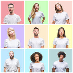 Collage of group people, women and men over colorful isolated background making fish face with lips, crazy and comical gesture. Funny expression.