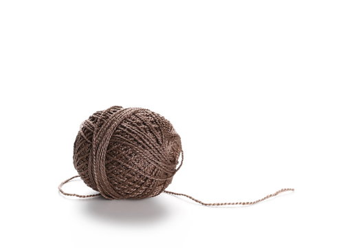 Brown string, yarn ball isolated on white background, texture