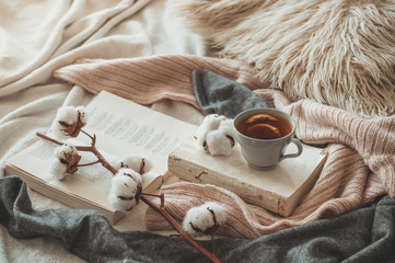 Still life in home interior of living room. Sweaters and cup of tea with a cone  on the books. Read. Cozy autumn winter concept