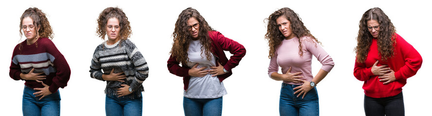 Collage of young brunette curly hair girl over isolated background with hand on stomach because indigestion, painful illness feeling unwell. Ache concept.