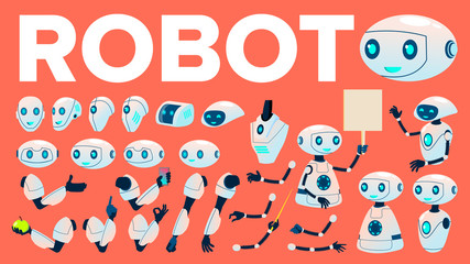 Robot Vector. Animation Set. Futuristic Technology Automation Robot Helper. Cybernetic Ai Machine. Animated Artificial Intelligence. Web Design. Isolated Illustration