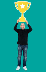 Happy winner holding a trophy icon