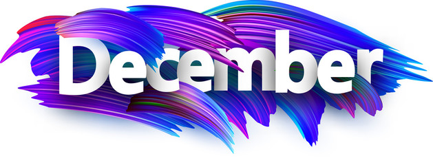 December banner with blue brush strokes.