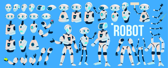 Robot Vector. Animation Set. Mechanism Robot Helper. Cyborgs, AI Futuristic Humanoid Character. Animated Artificial Intelligence. Web Design. Robotic Technology Isolated Illustration