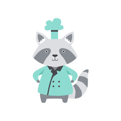 Cute raccoon in chef uniform, cartoon animal character cooking vector Illustration isolated on a white background