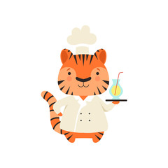 Cute tiger in chef uniform holding delicious drink, cartoon animal character cooking vector Illustration on a white background