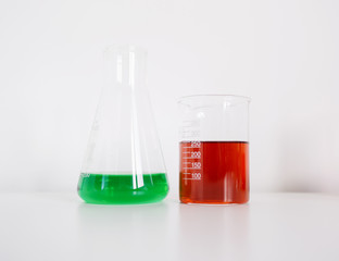 Beaker and erlenmeyer flask on white background