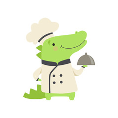 Cute crocodile in chef uniform holding silver cloche, cartoon animal character cooking vector Illustration on a white background