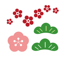年賀状素材 松葉 梅の花 桜 花の模様 セット