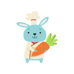 Cute bunny in chef uniform holding carrot, cartoon animal character cooking vector Illustration on a white background