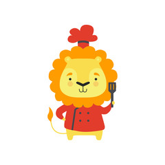 Cute lion in red chef uniform holding spatula, cartoon animal character cooking vector Illustration on a white background