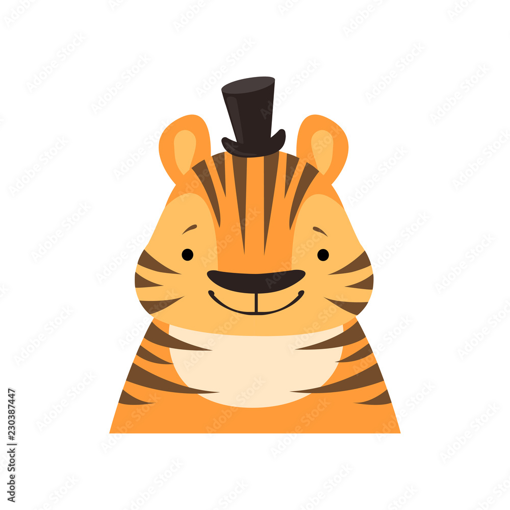 Poster Tiger in a black top hat, funny face, cute cartoon animal character avatar vector Illustration on a white background