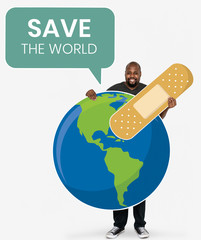 Cheerful ecologist with save the world concept symbols