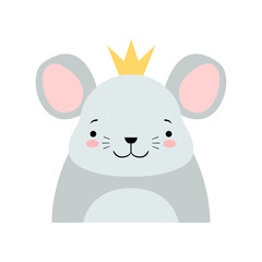 Funny grey mouse in golden crown, cute cartoon animal character avatar vector Illustration on a white background