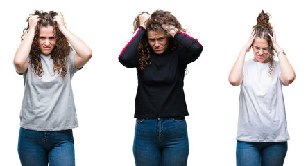 Collage of young brunette curly hair girl over isolated background suffering from headache desperate and stressed because pain and migraine. Hands on head.