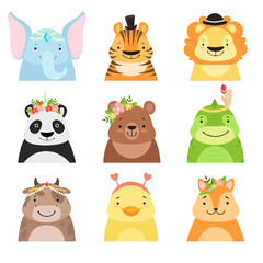 Funny animals wearing different hats set, elephant, tiger, lion, panda, bear, dinosaur, cow, cute cartoon animal avatars vector Illustration on a white background