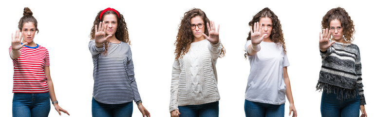 Collage of young brunette curly hair girl over isolated background doing stop sing with palm of the hand. Warning expression with negative and serious gesture on the face.