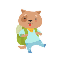 Cheerful tourist dog with backpack, cute animal cartoon character travelling on summer vacation vector Illustration on a white background