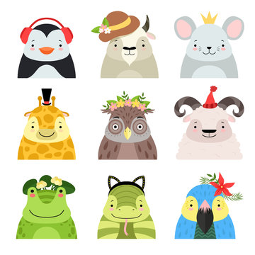 Funny animals and birds different hats set, penguin, cow, mouse, giraffe, owl, sheep, frog, snake, parrot, cute cartoon animal avatars vector Illustration on a white background