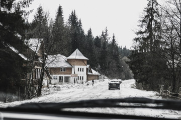 Ukrainian Carpathian mountains in winter. Winter holidays. Snow fairy tale Road to the mountain. Travel.